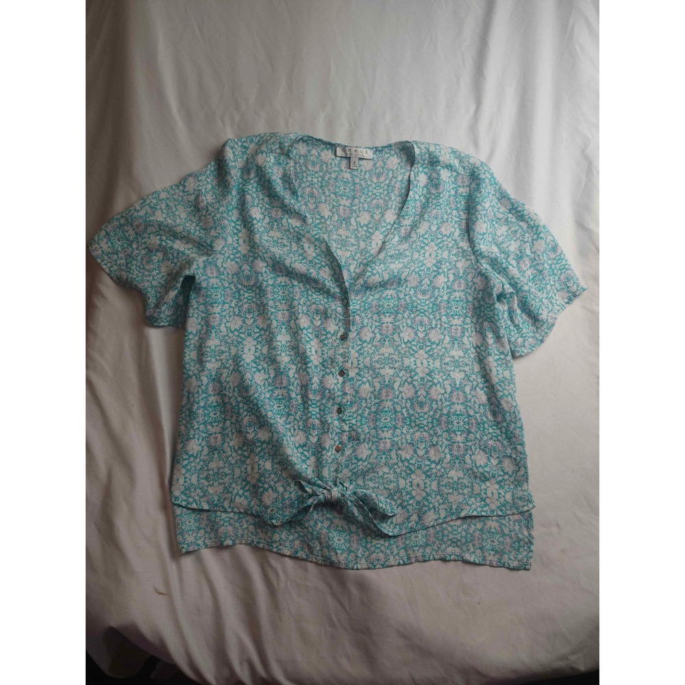 Chaus New York Teal White Floral Tie Front Button‎ Up Blouse Short Sleeve Small